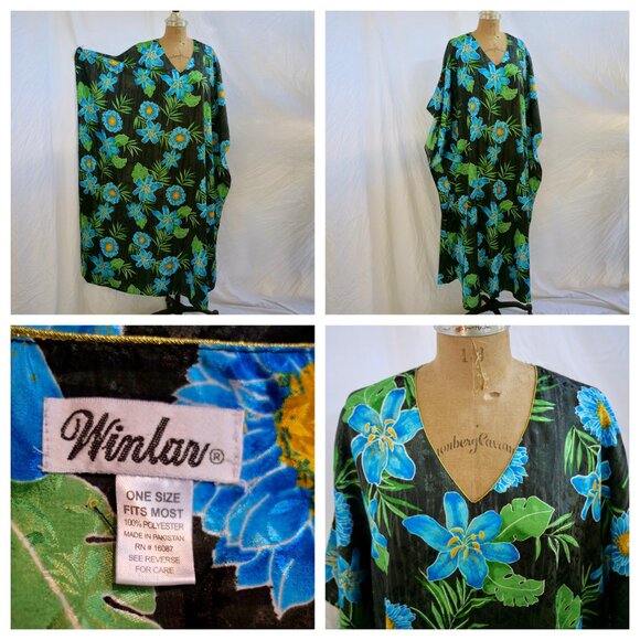 vtg WINLAR Mod Blue Floral Boho Maxi Dress Caftan Muu Muu Mrs Roper Hippie OS - Picture 1 of 10
